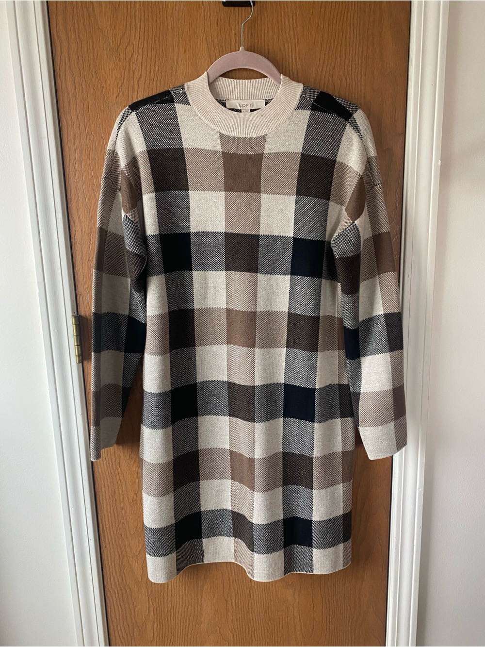 LOFT Cream, Brown & Black Plaid Knit Sweater Dress